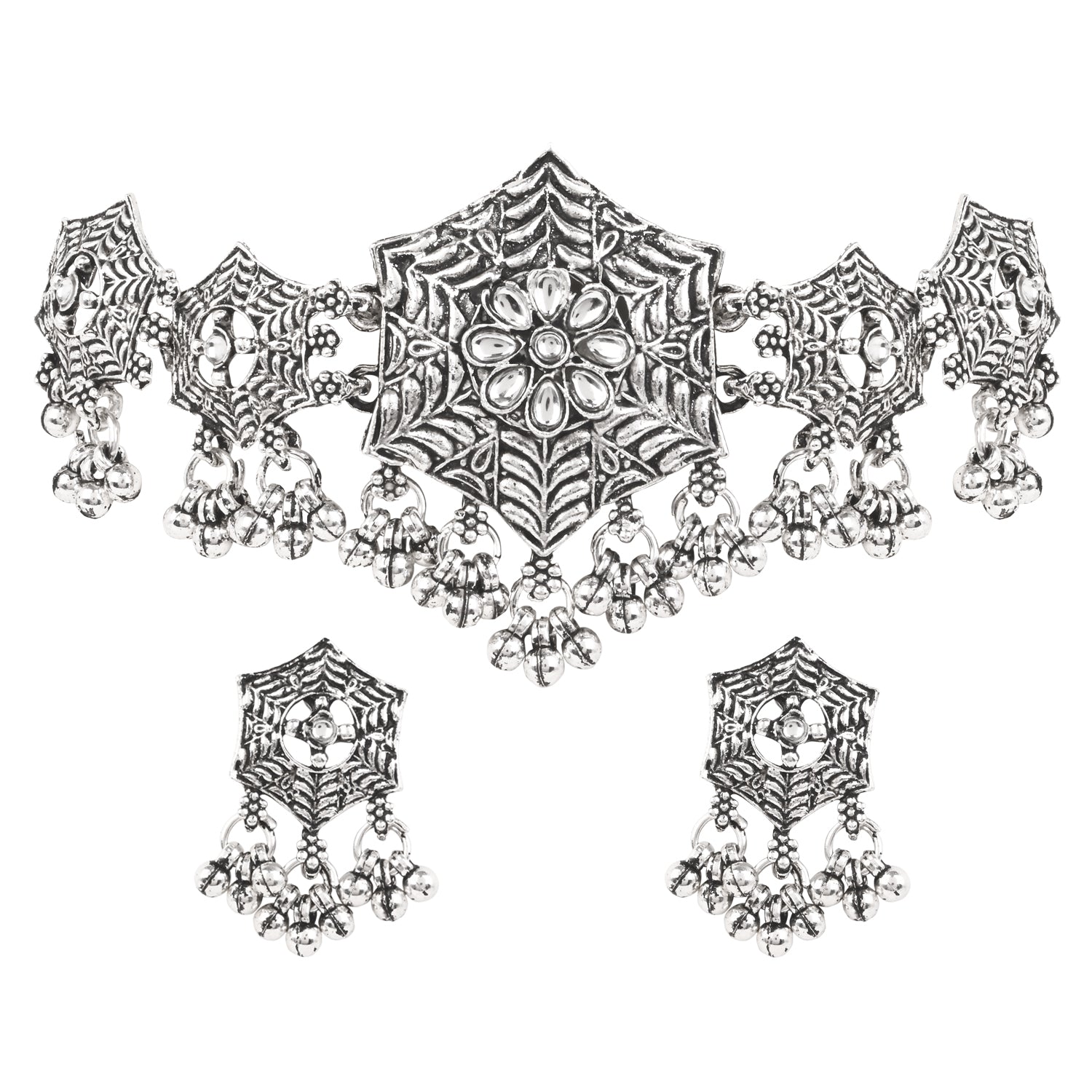 Intricate Oxidised Necklace Set - Silver Elegance