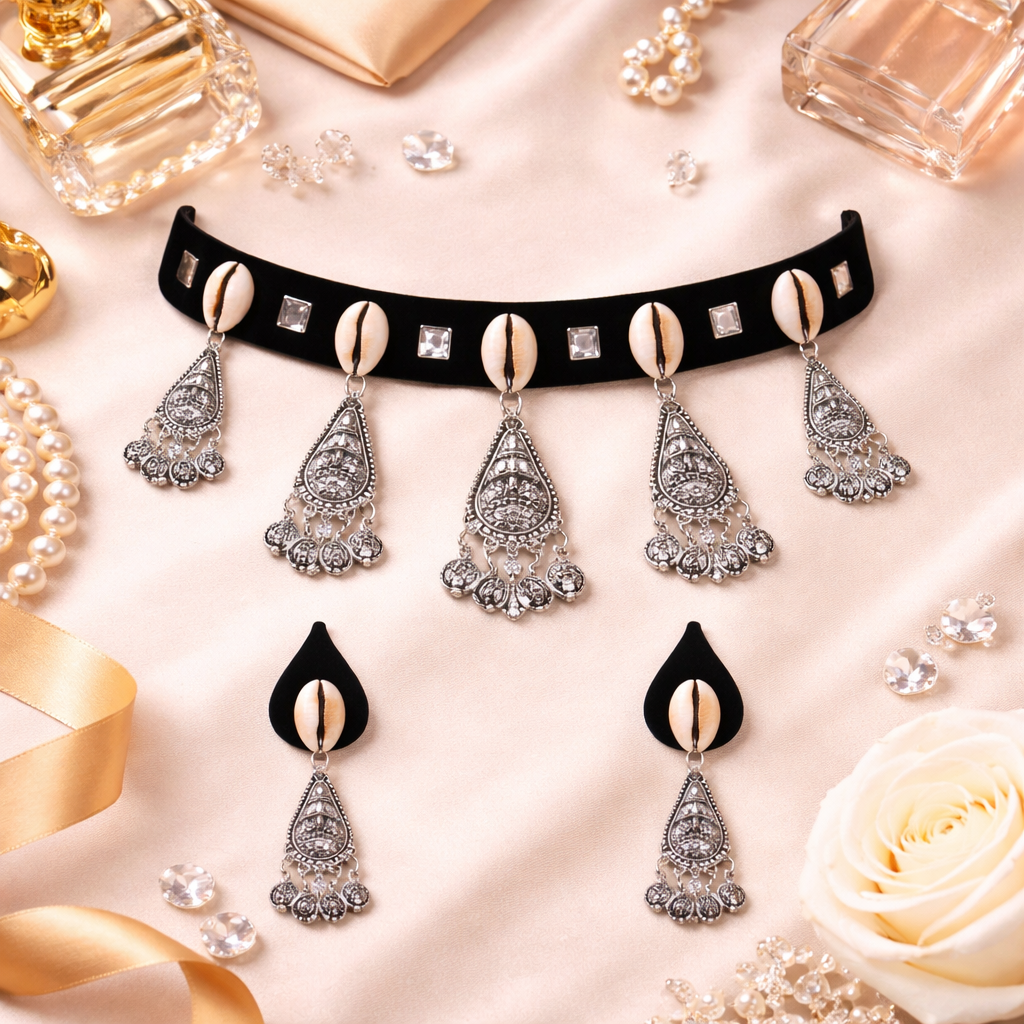 Elegant Oxidised Silver Pendant-Set with Shell Accents