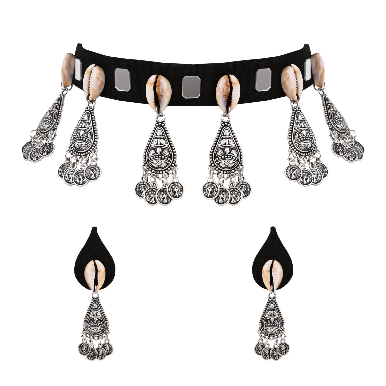 Elegant Oxidised Silver Pendant-Set with Shell Accents