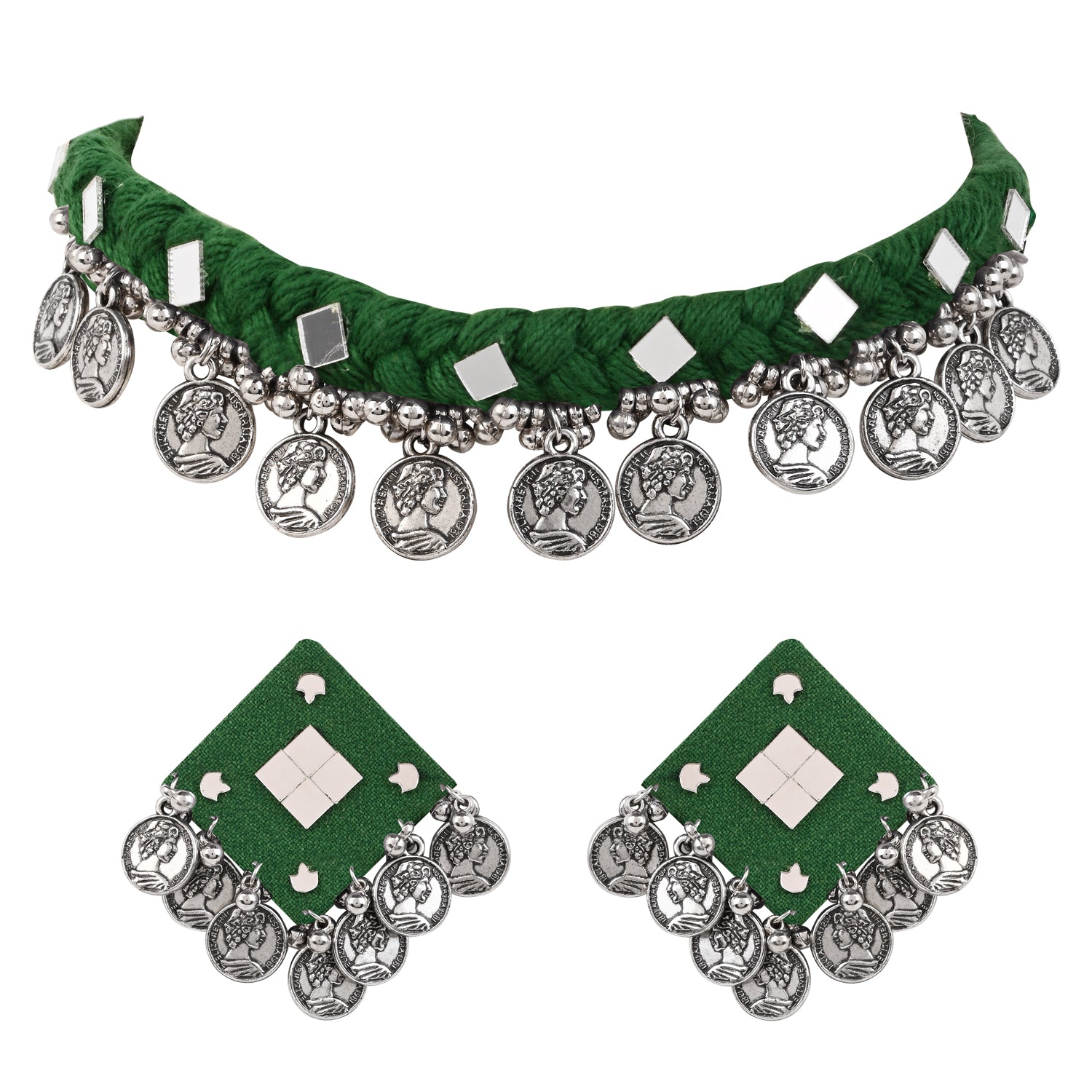 Traditional Coin Pendant Set - Green Thread Necklace & Earrings