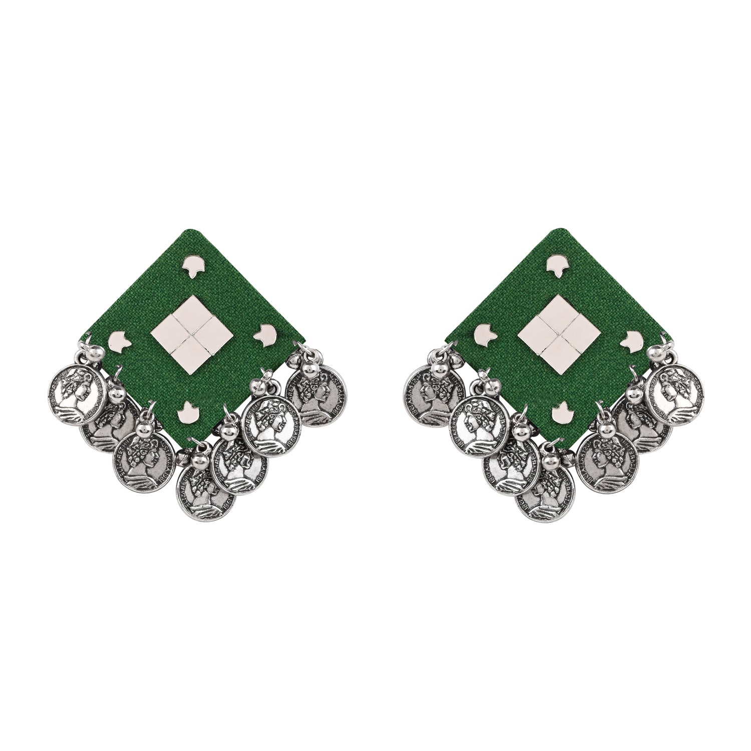 Traditional Coin Pendant Set - Green Thread Necklace & Earrings