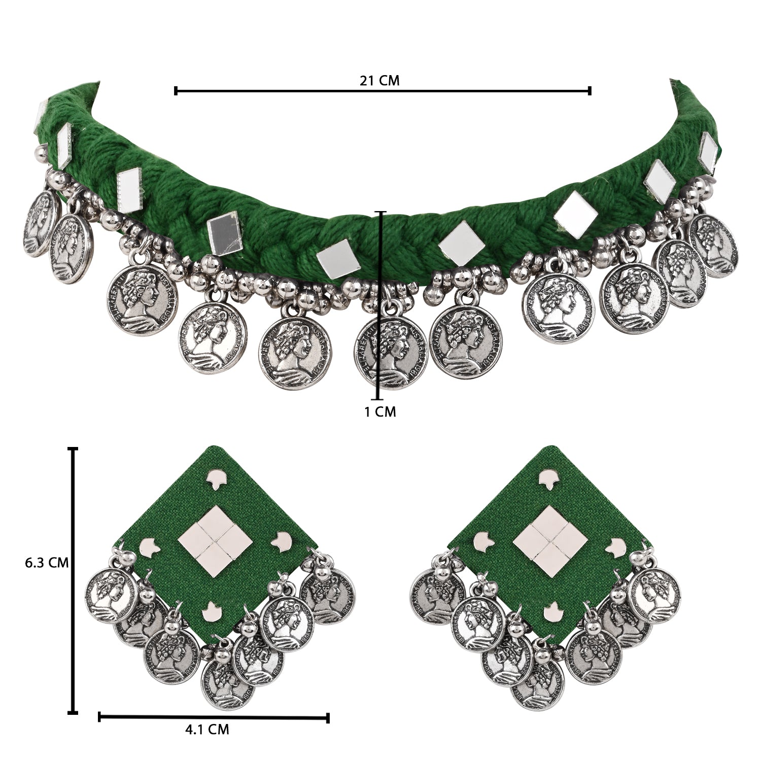 Traditional Coin Pendant Set - Green Thread Necklace & Earrings
