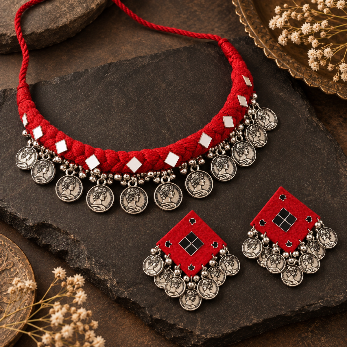 Traditional Coin Pendant Set - Red Thread Necklace & Earrings