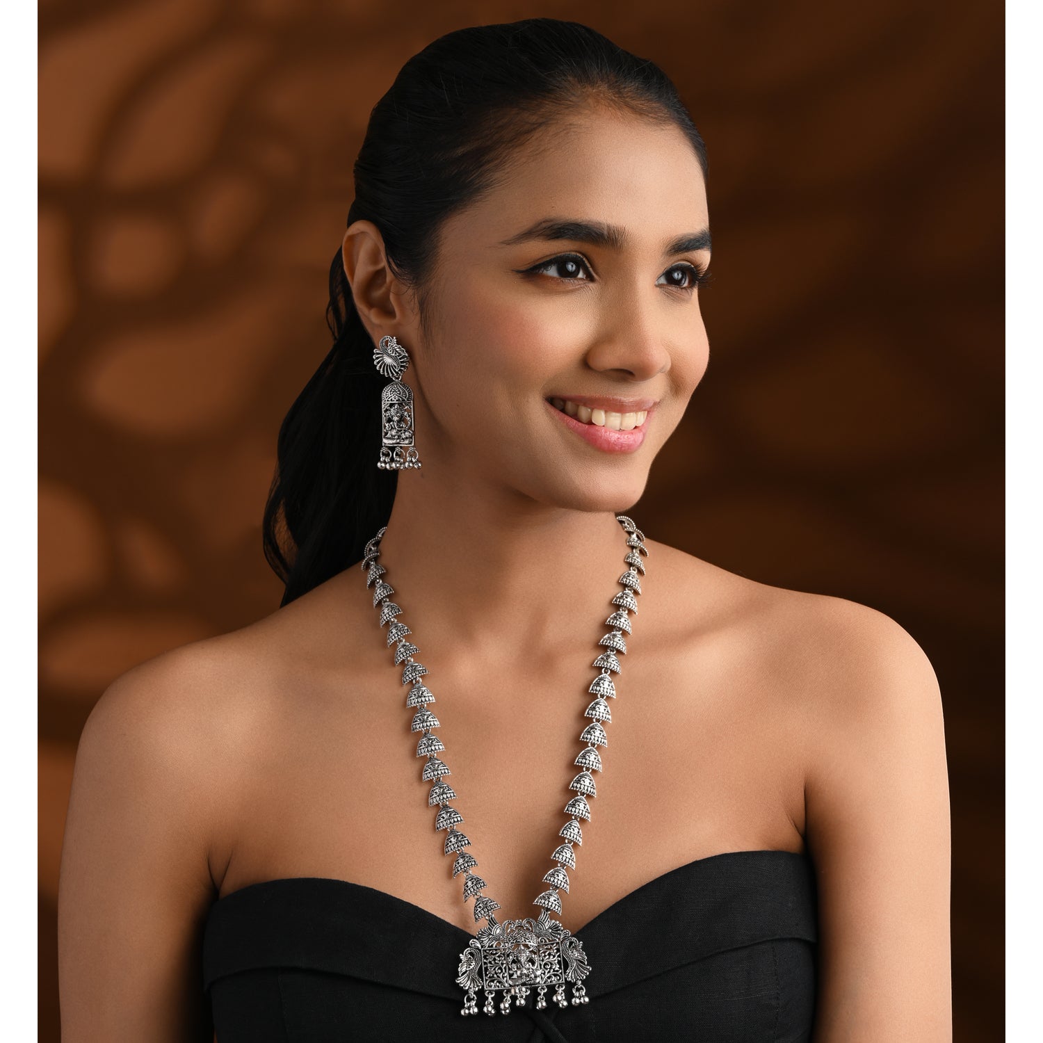 Oxidised Temple Motif Necklace with Earrings