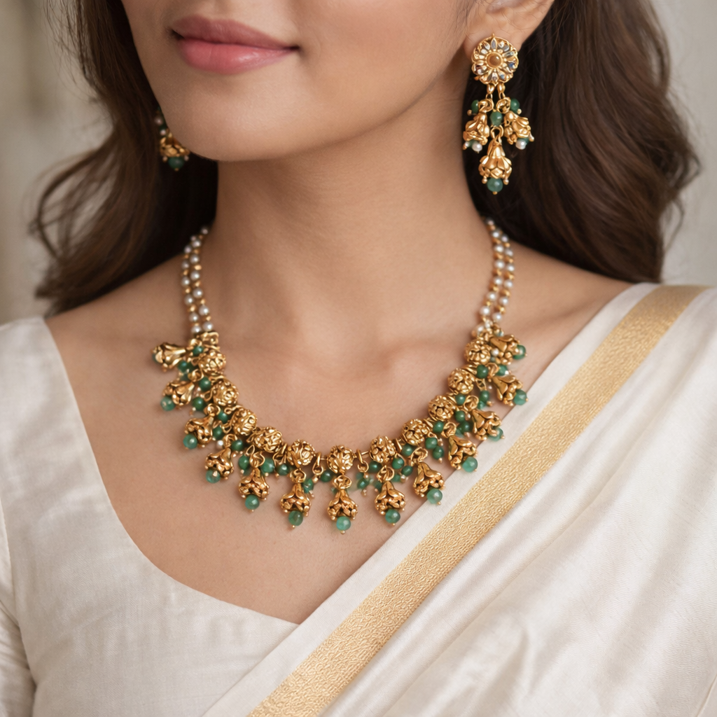 Ayra -Green Gunghroo Traditional Temple Style Gold-Finished Necklace Set