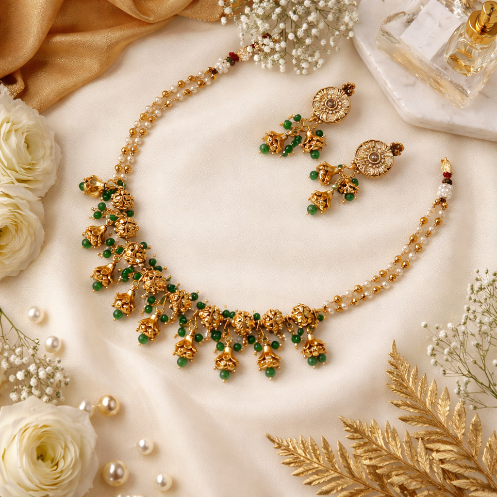 Ayra -Green Gunghroo Traditional Temple Style Gold-Finished Necklace Set