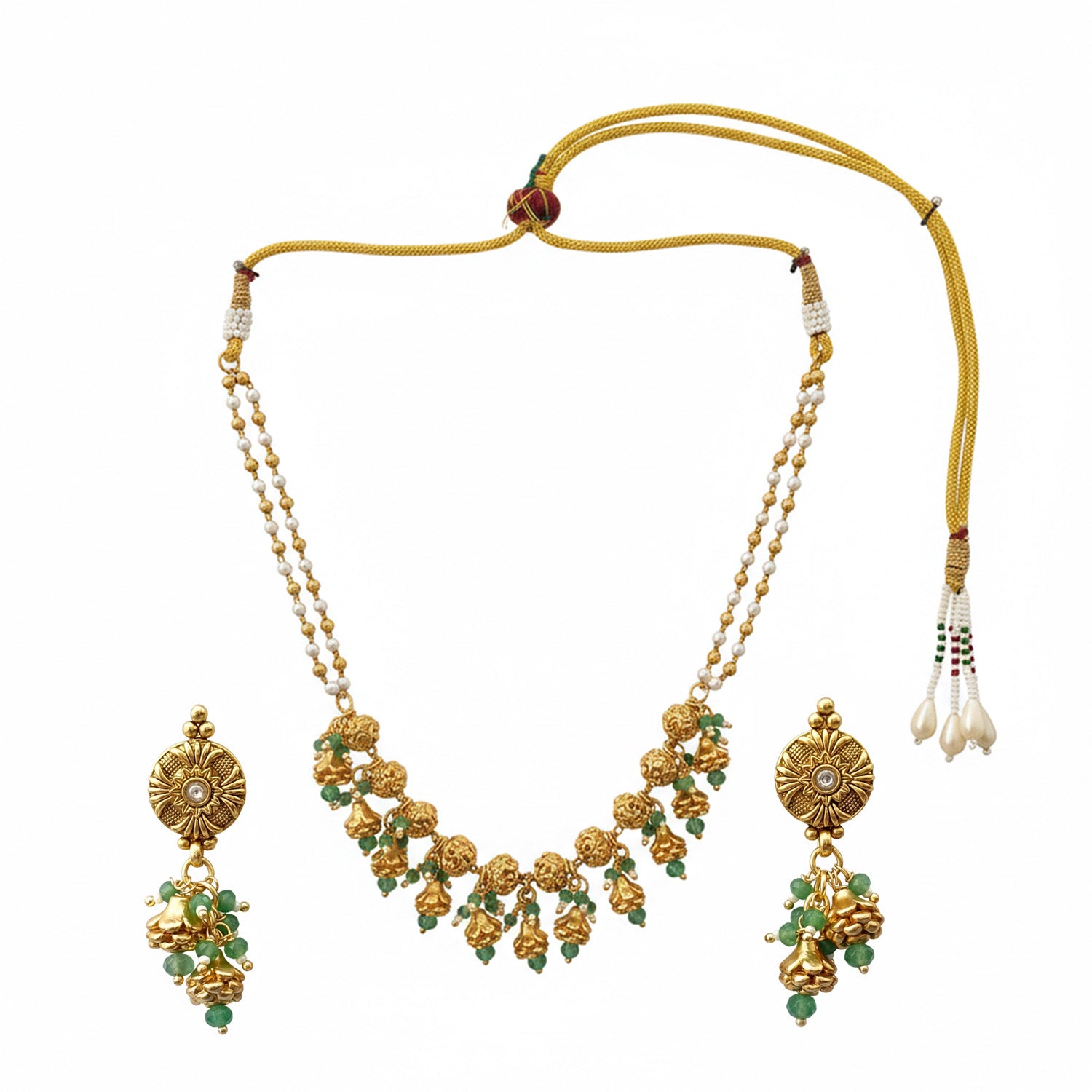Ayra -Green Gunghroo Traditional Temple Style Gold-Finished Necklace Set