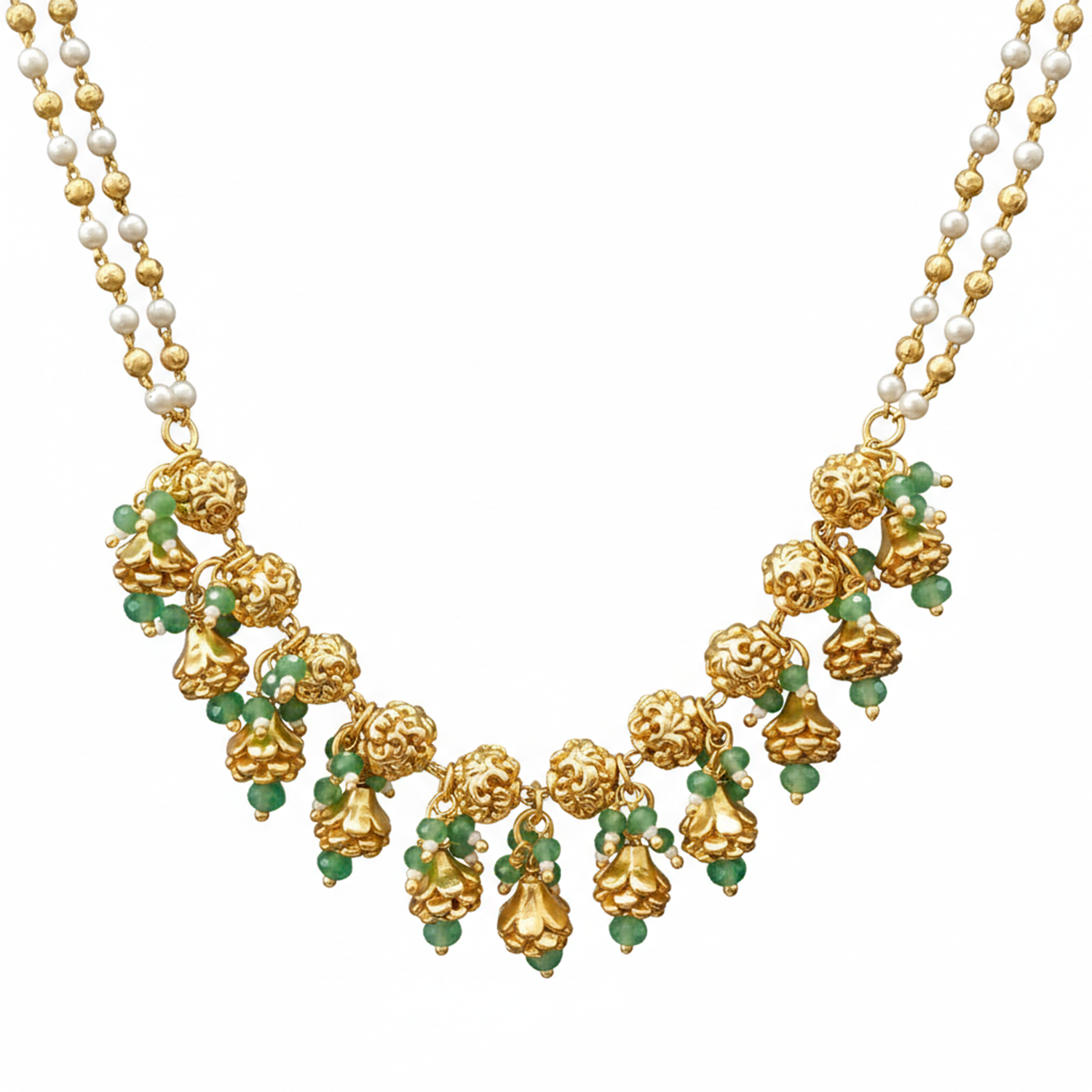 Ayra -Green Gunghroo Traditional Temple Style Gold-Finished Necklace Set