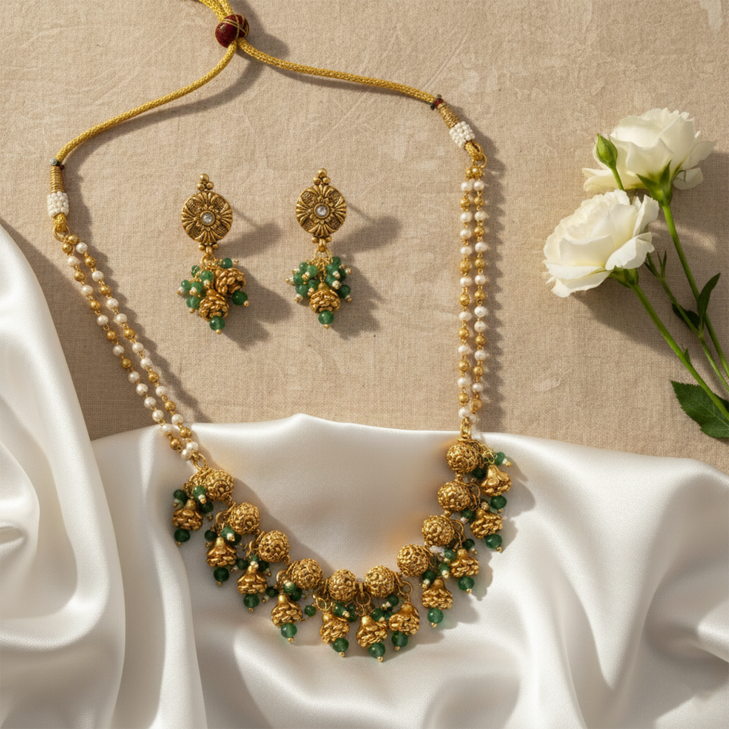 Ayra -Green Gunghroo Traditional Temple Style Gold-Finished Necklace Set