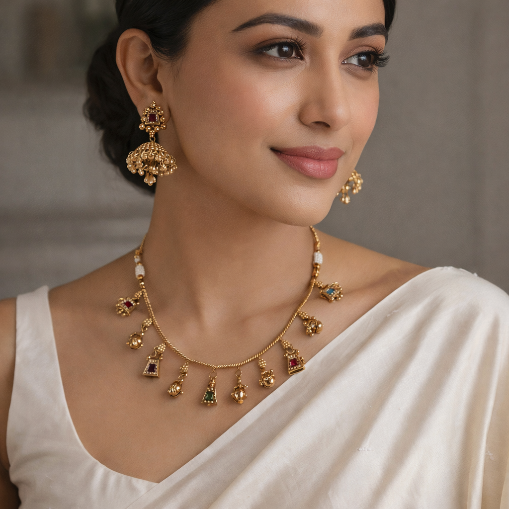 Navratna- Antique Gold-Plated Charm Necklace Set with Traditional Jhumkas