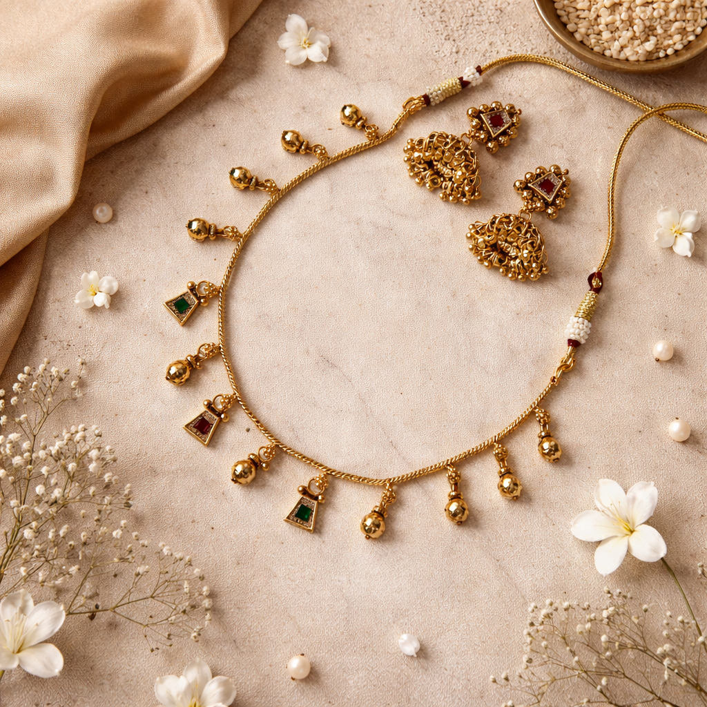 Navratna- Antique Gold-Plated Charm Necklace Set with Traditional Jhumkas