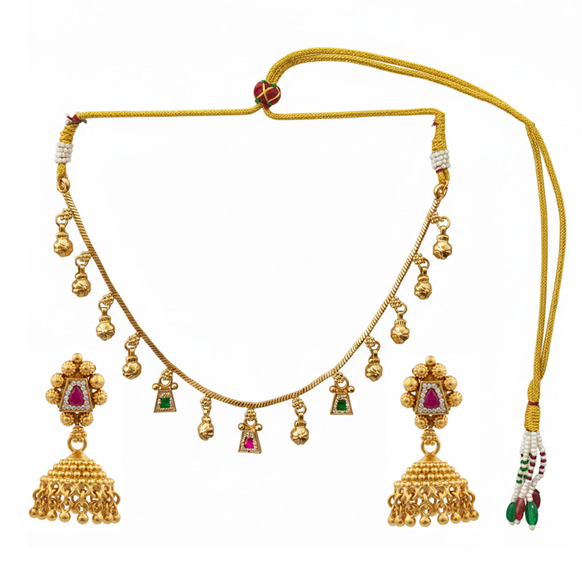 Navratna- Antique Gold-Plated Charm Necklace Set with Traditional Jhumkas