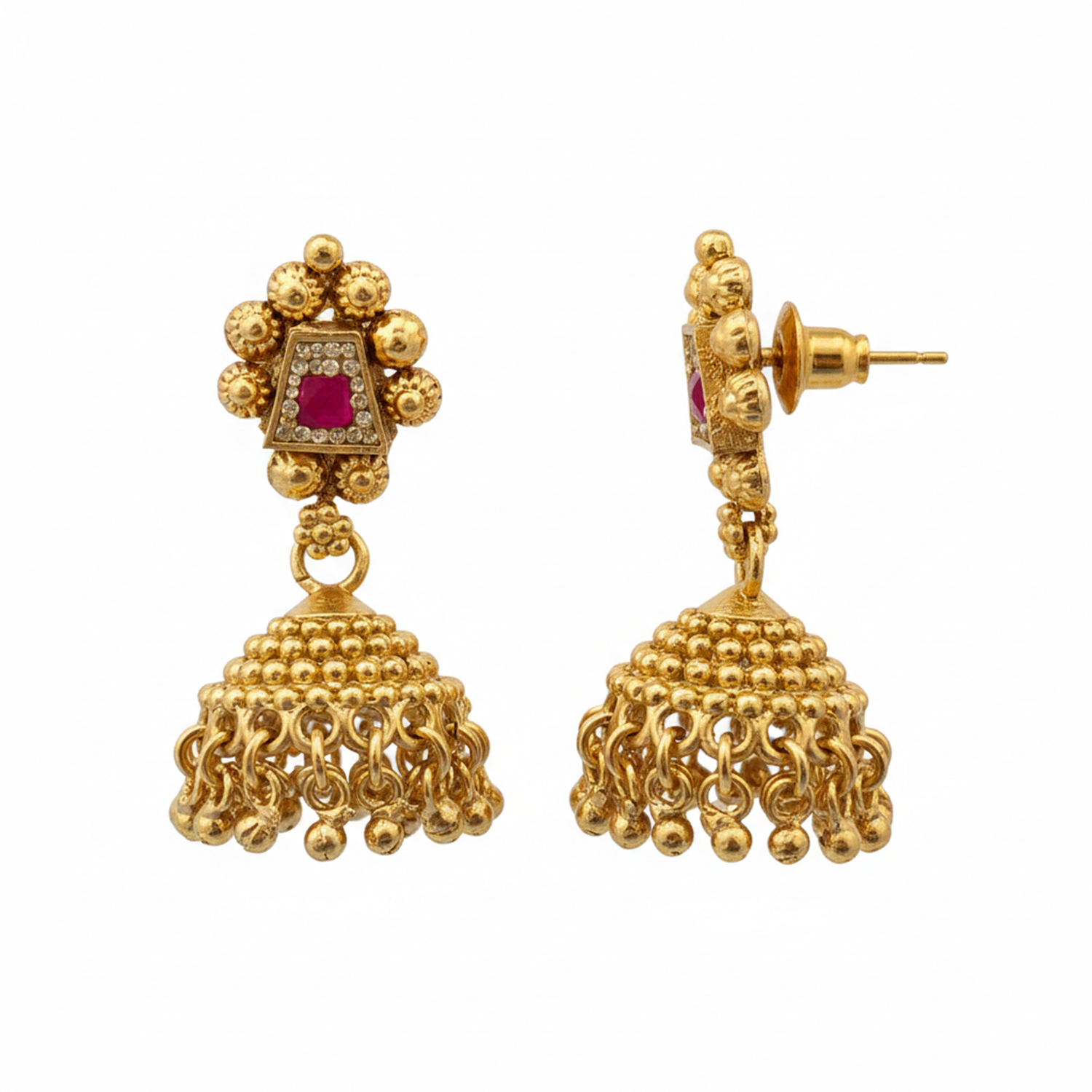 Navratna- Antique Gold-Plated Charm Necklace Set with Traditional Jhumkas
