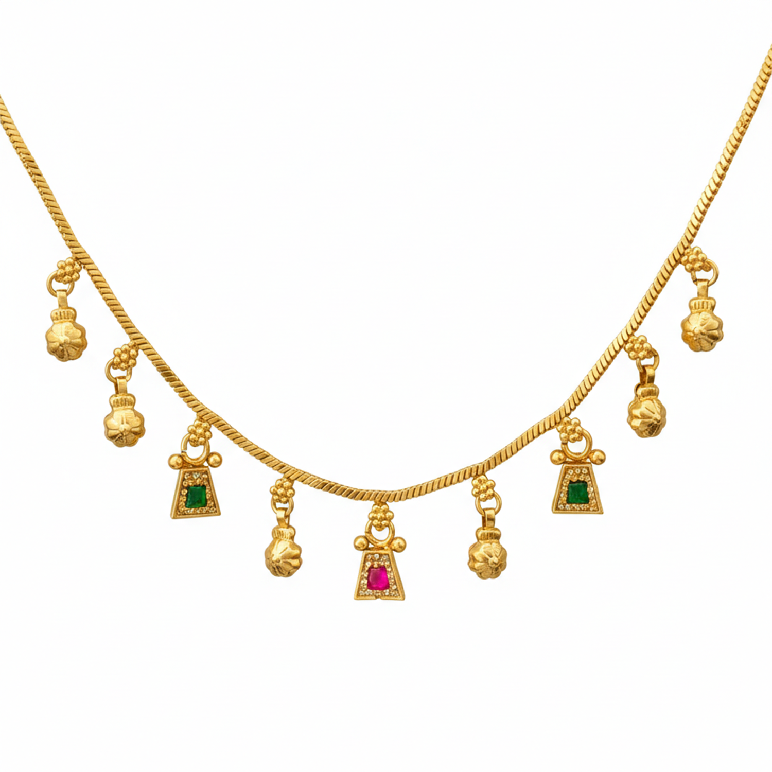 Navratna- Antique Gold-Plated Charm Necklace Set with Traditional Jhumkas