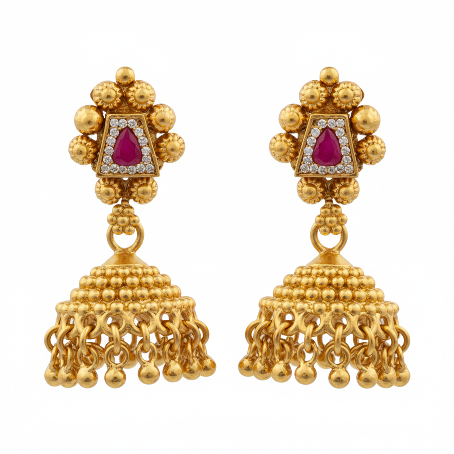 Navratna- Antique Gold-Plated Charm Necklace Set with Traditional Jhumkas