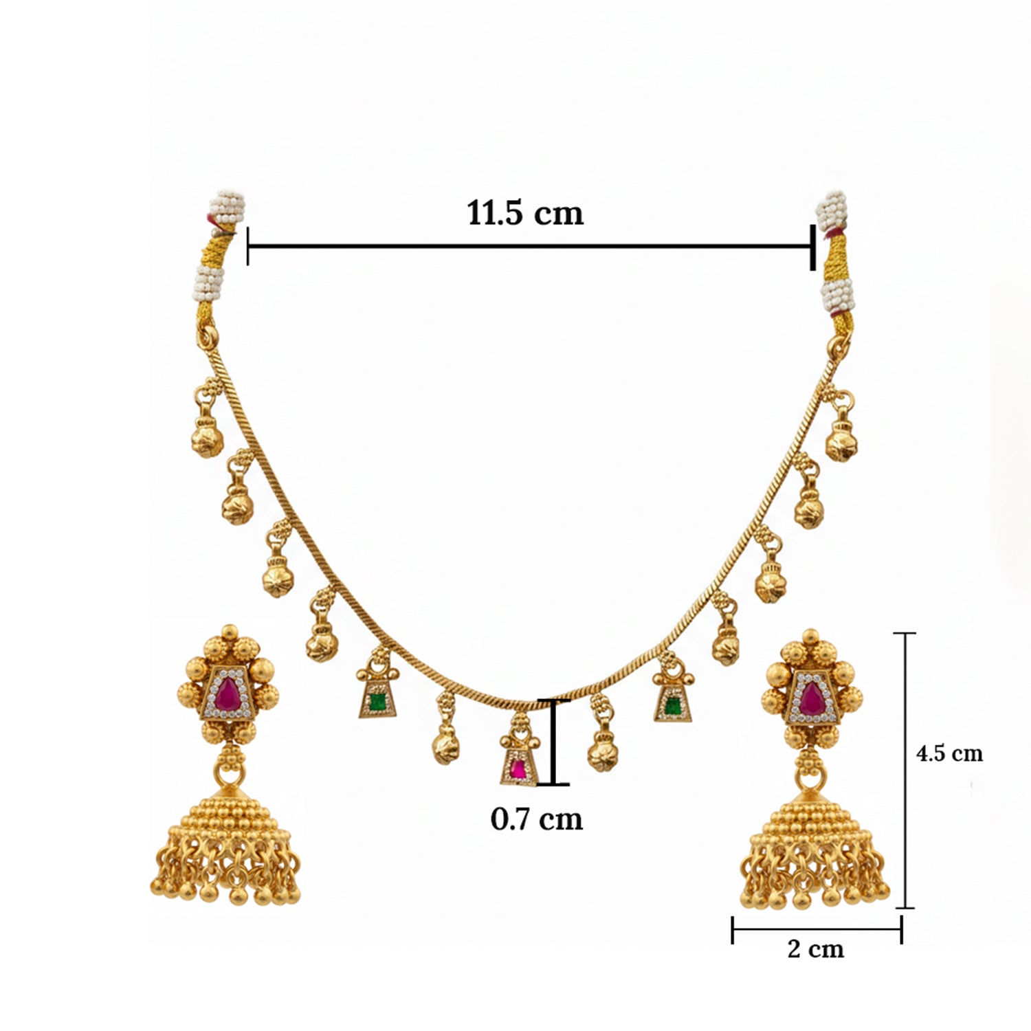 Navratna- Antique Gold-Plated Charm Necklace Set with Traditional Jhumkas