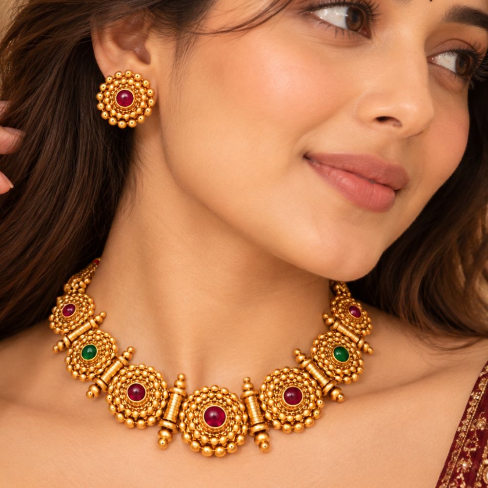 Padma - Pink & Green Heritage Floral Necklace Set