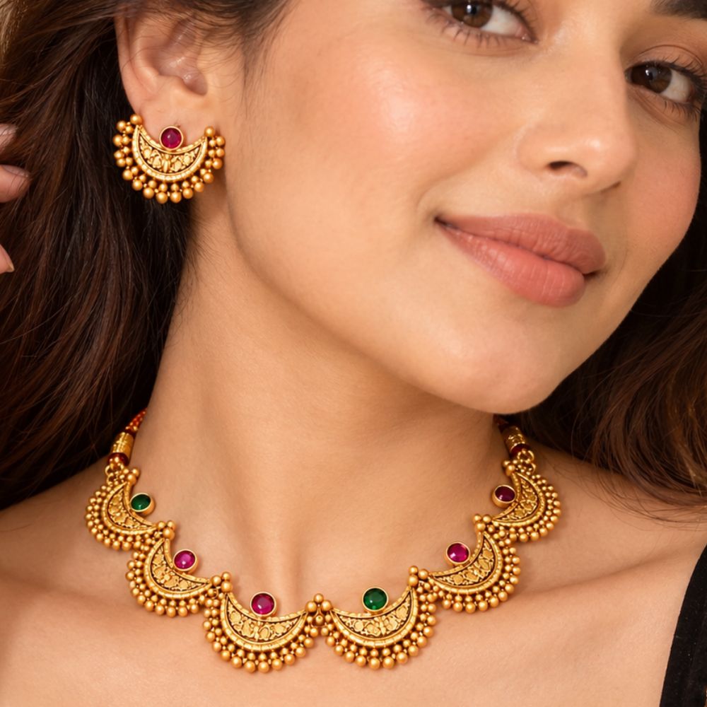 Chitralekha- Pink & Green Crescent Necklace Se