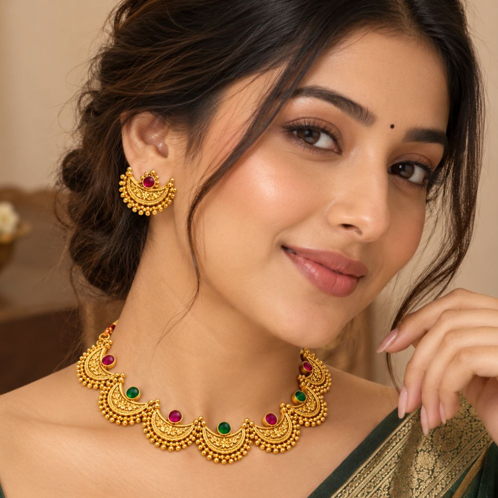 Chitralekha- Pink & Green Crescent Necklace Se