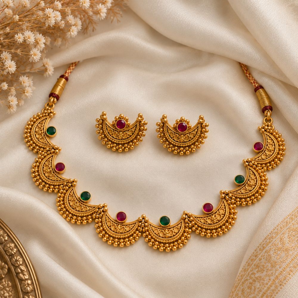 Chitralekha- Pink & Green Crescent Necklace Se