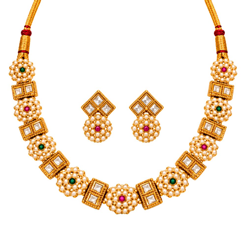 Vudushi- Pink & Green Pearl Kundan Necklace Set