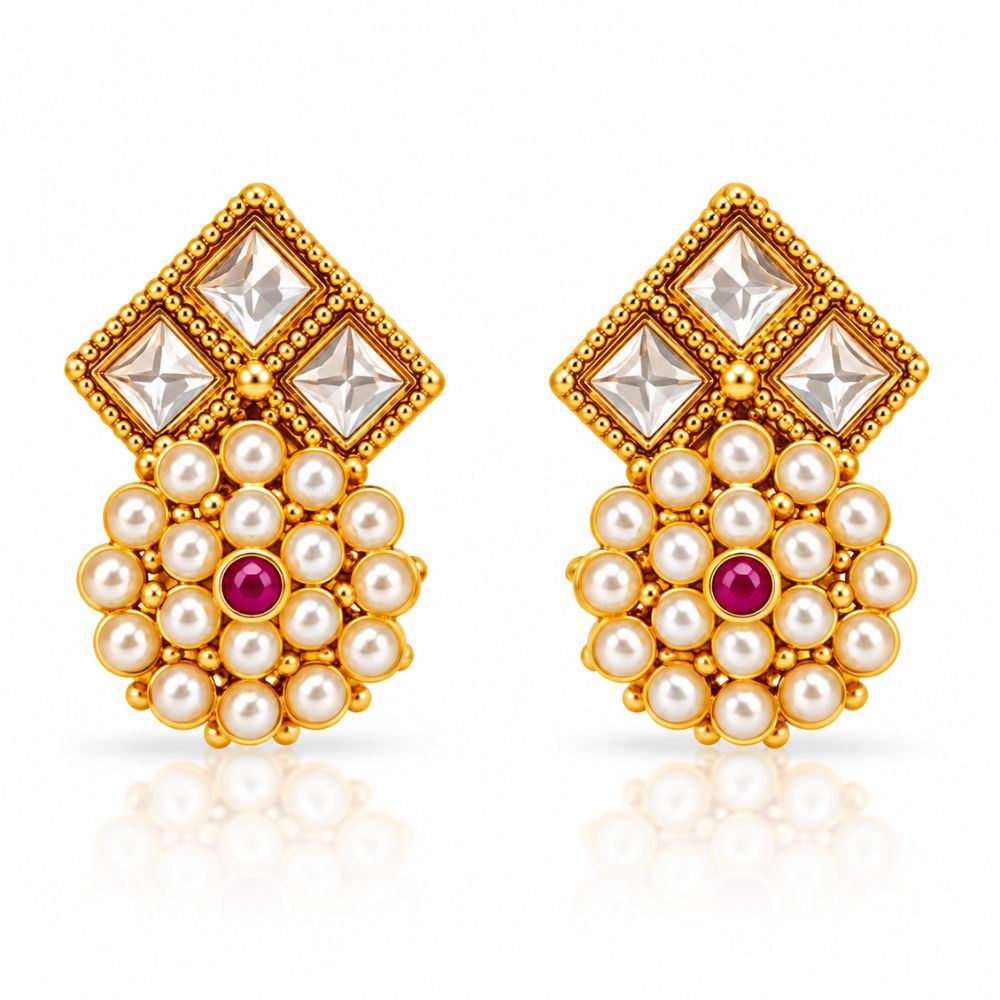 Vudushi- Pink & Green Pearl Kundan Necklace Set