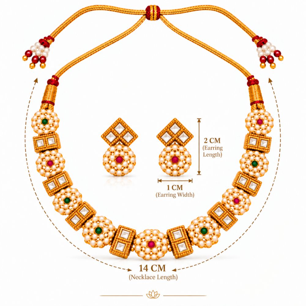Vudushi- Pink & Green Pearl Kundan Necklace Set