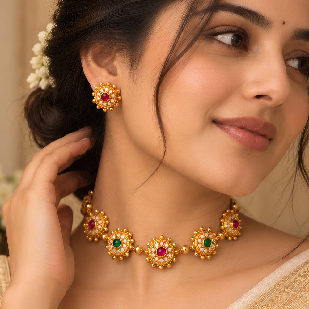 Shweta -Dark pink and Green Pearl Floral Heritage Necklace Set
