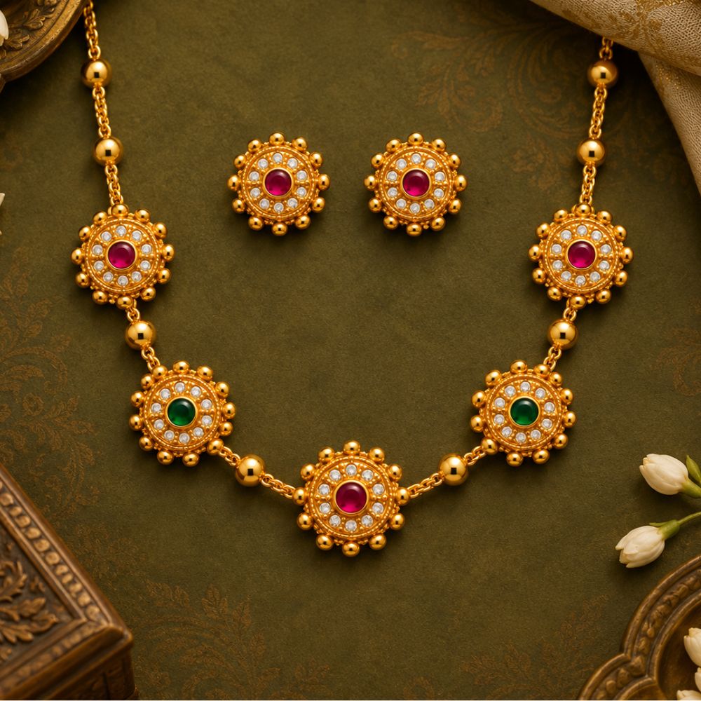 Shweta -Dark pink and Green Pearl Floral Heritage Necklace Set