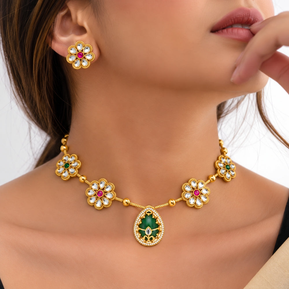 Kusumika - Pink & Green Green Floral Pendant Necklace Set