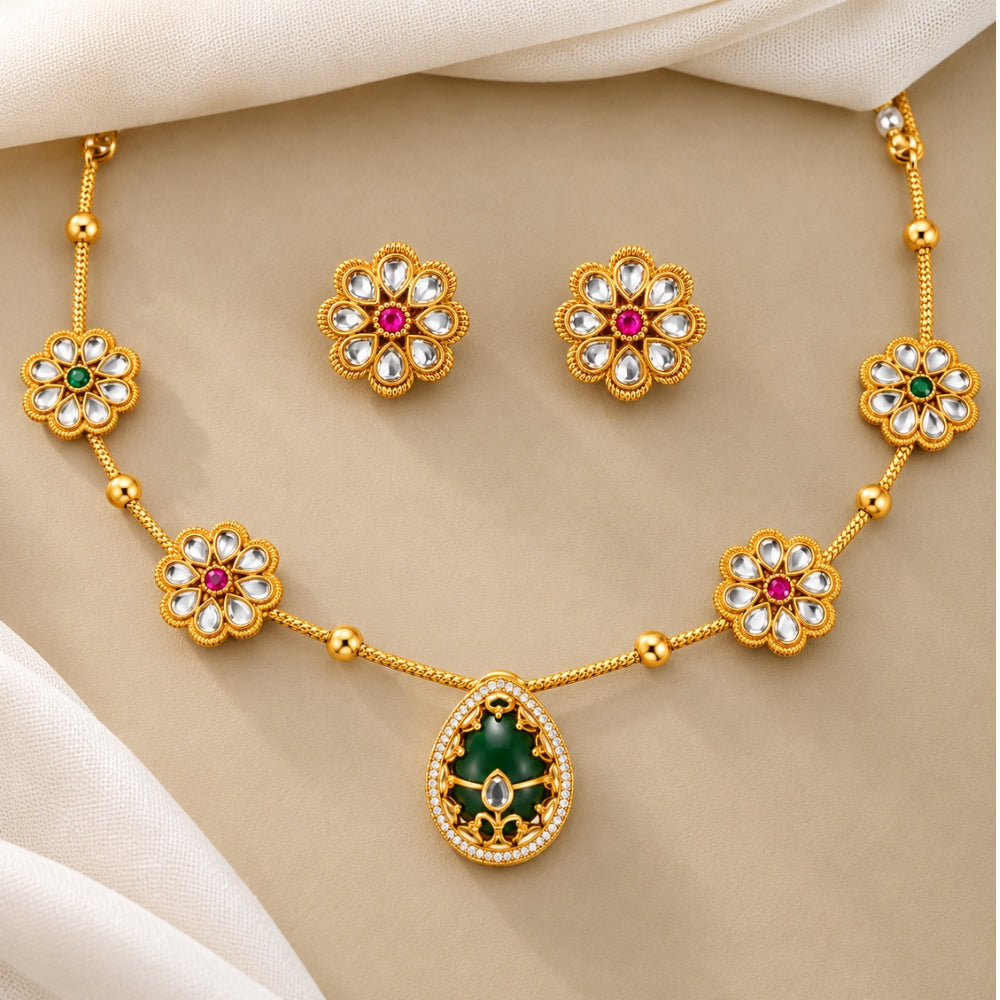 Kusumika - Pink & Green Green Floral Pendant Necklace Set