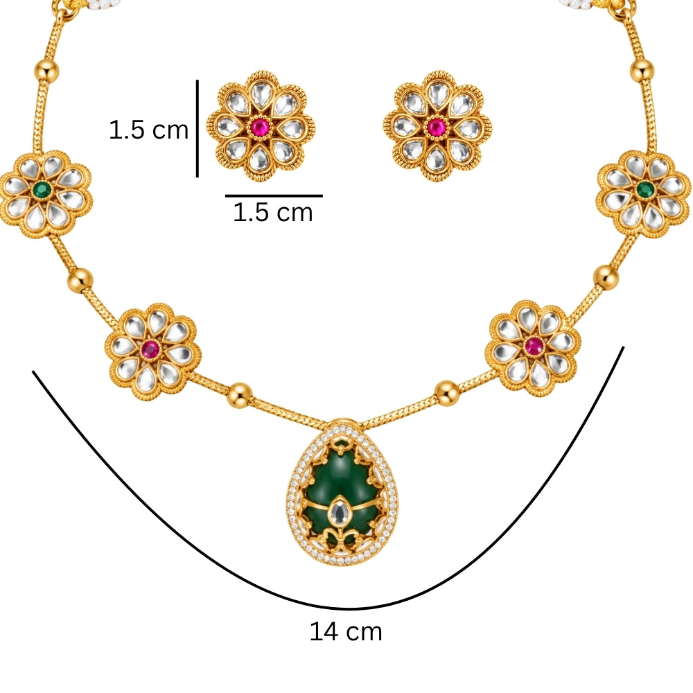 Kusumika - Pink & Green Green Floral Pendant Necklace Set