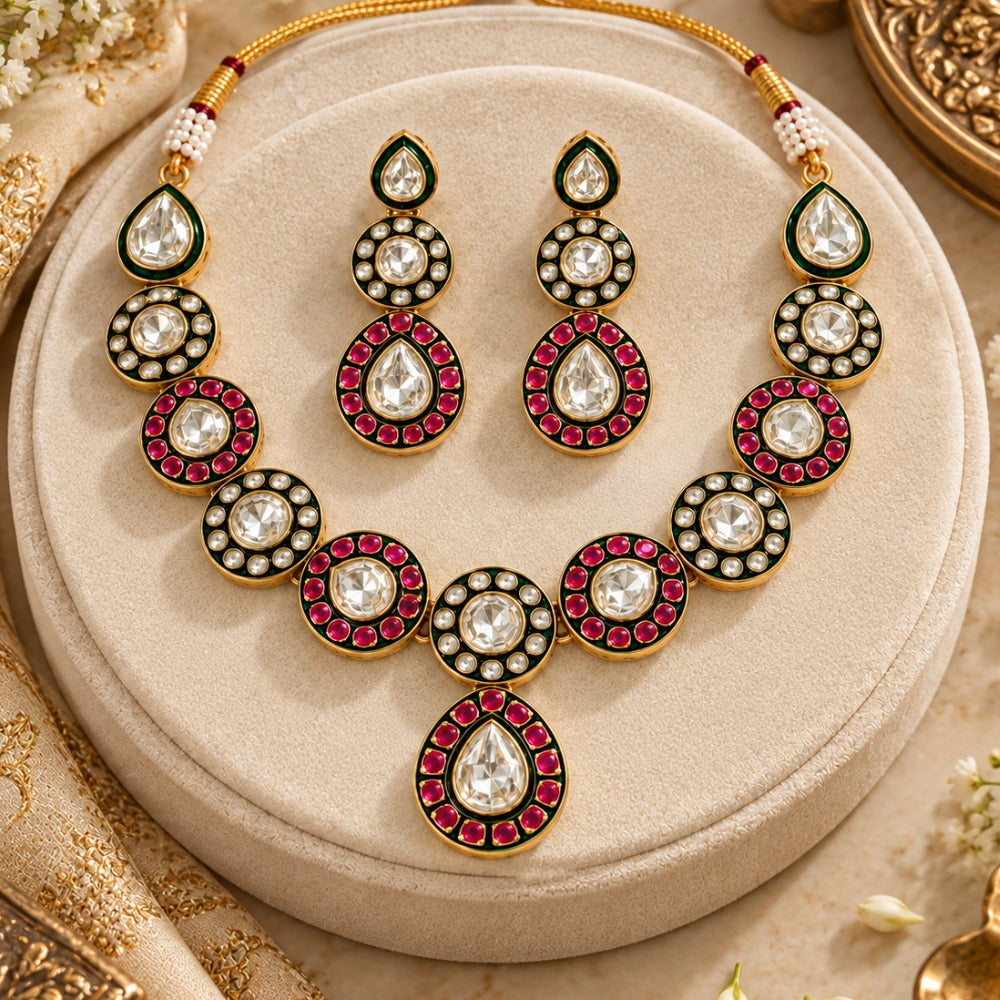 Ranjika - Pink and Green Kundan studded Necklace Set