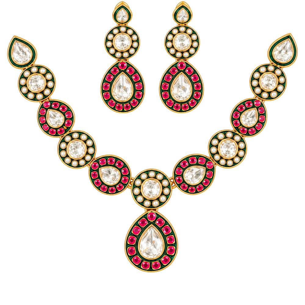 Ranjika - Pink and Green Kundan studded Necklace Set