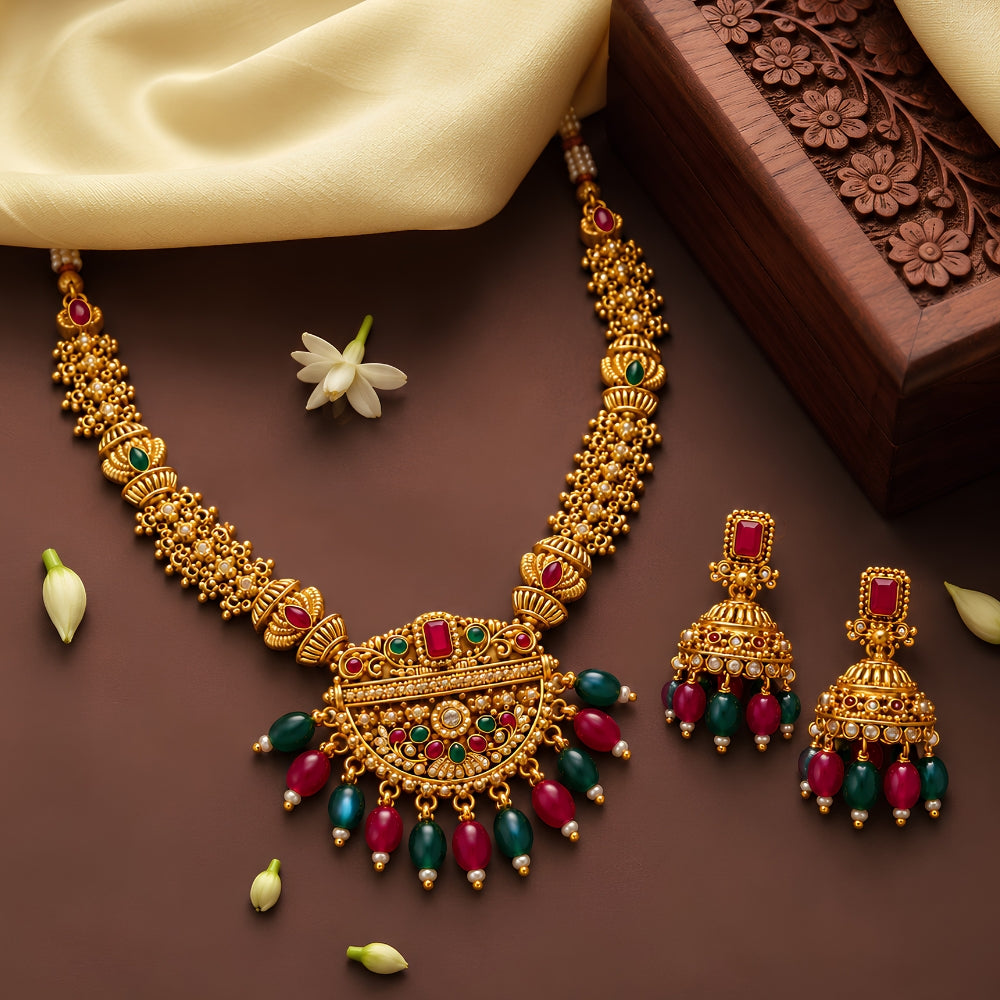 Kritima- Pink & Green Heritage Necklace Set