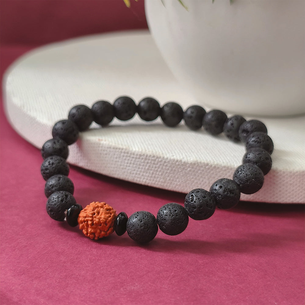 Unisex Spiritual Energy & Protection Bracelet - Rudraksha & Black Lava Stone