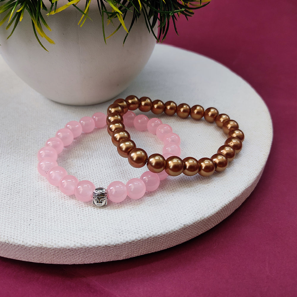 Rose Quartz & Gold Beads Buddha Bracelet (Pack of 2)