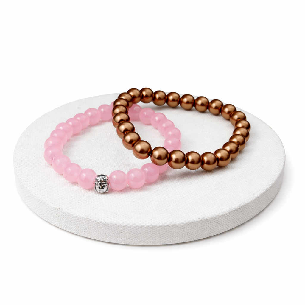 Rose Quartz & Gold Beads Buddha Bracelet (Pack of 2)