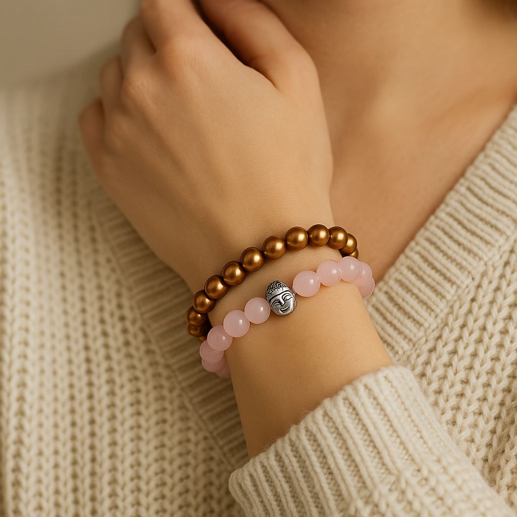 Unisex Money & Love Bracelet Combo - Rose Quartz & Gold Beads Buddha Bracelet