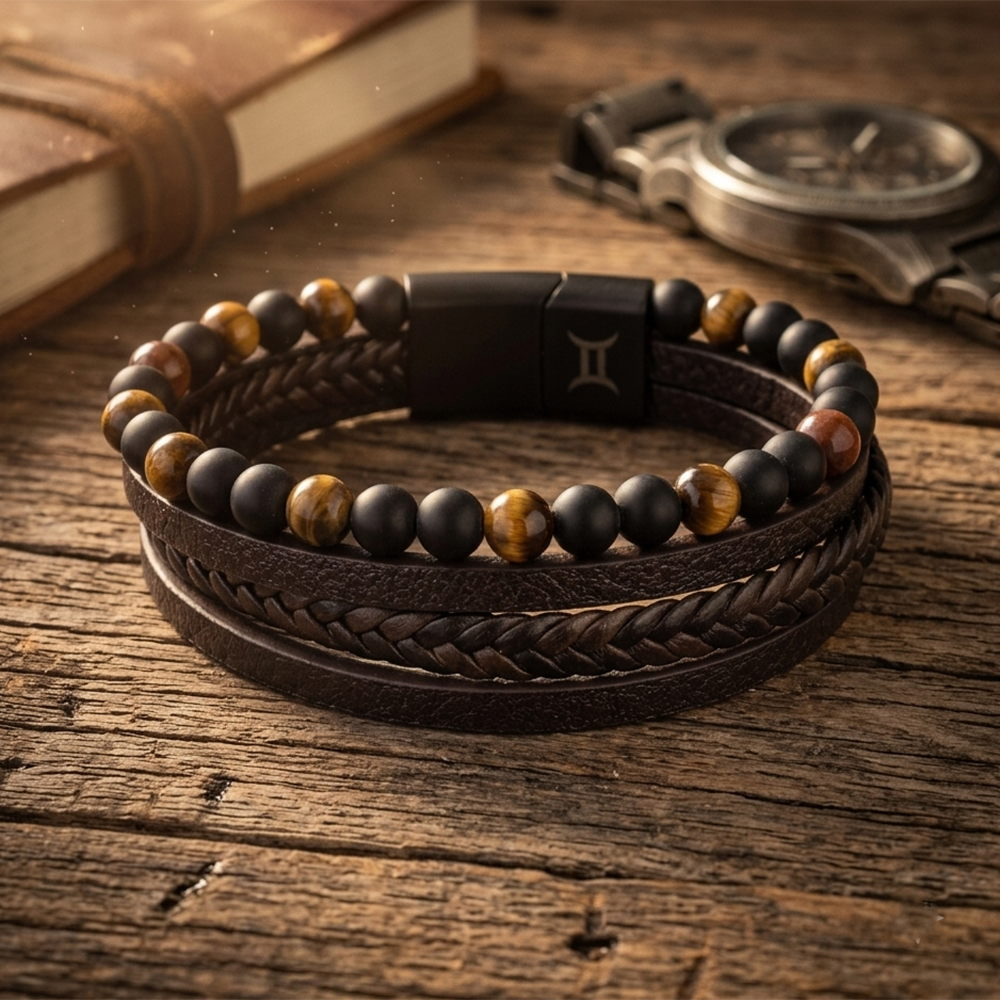 Mivaan - Men's Wraparound Leather Bracelet with Tiger Eye & Matte Black Beads