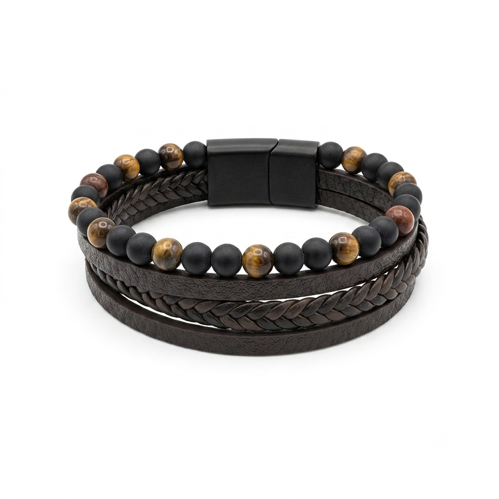 Mivaan - Men's Wraparound Leather Bracelet with Tiger Eye & Matte Black Beads