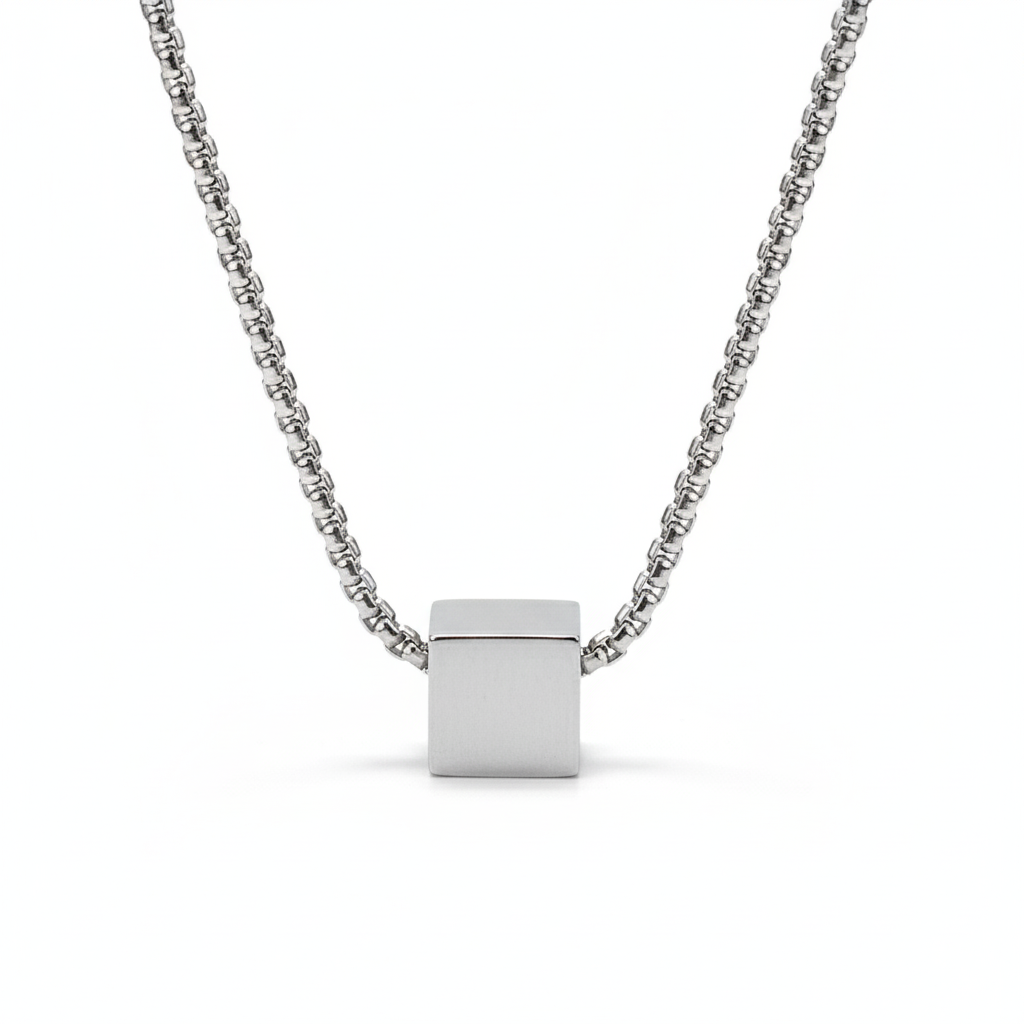 Patrick- Minimalist Polished Chrome Cube Pendant