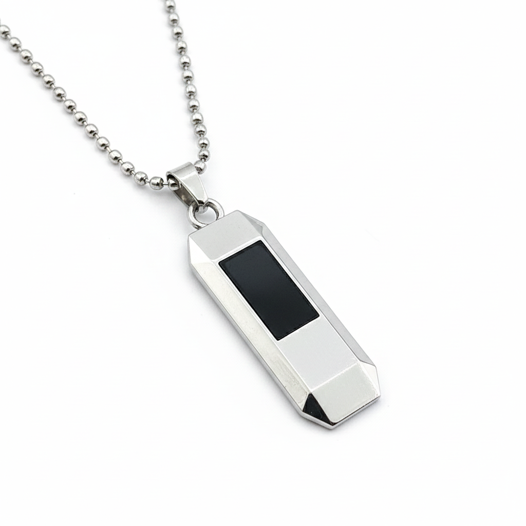 Tyler- Men’s Silver Geometric Bar Pendant with Black Inlay and Ball Chain