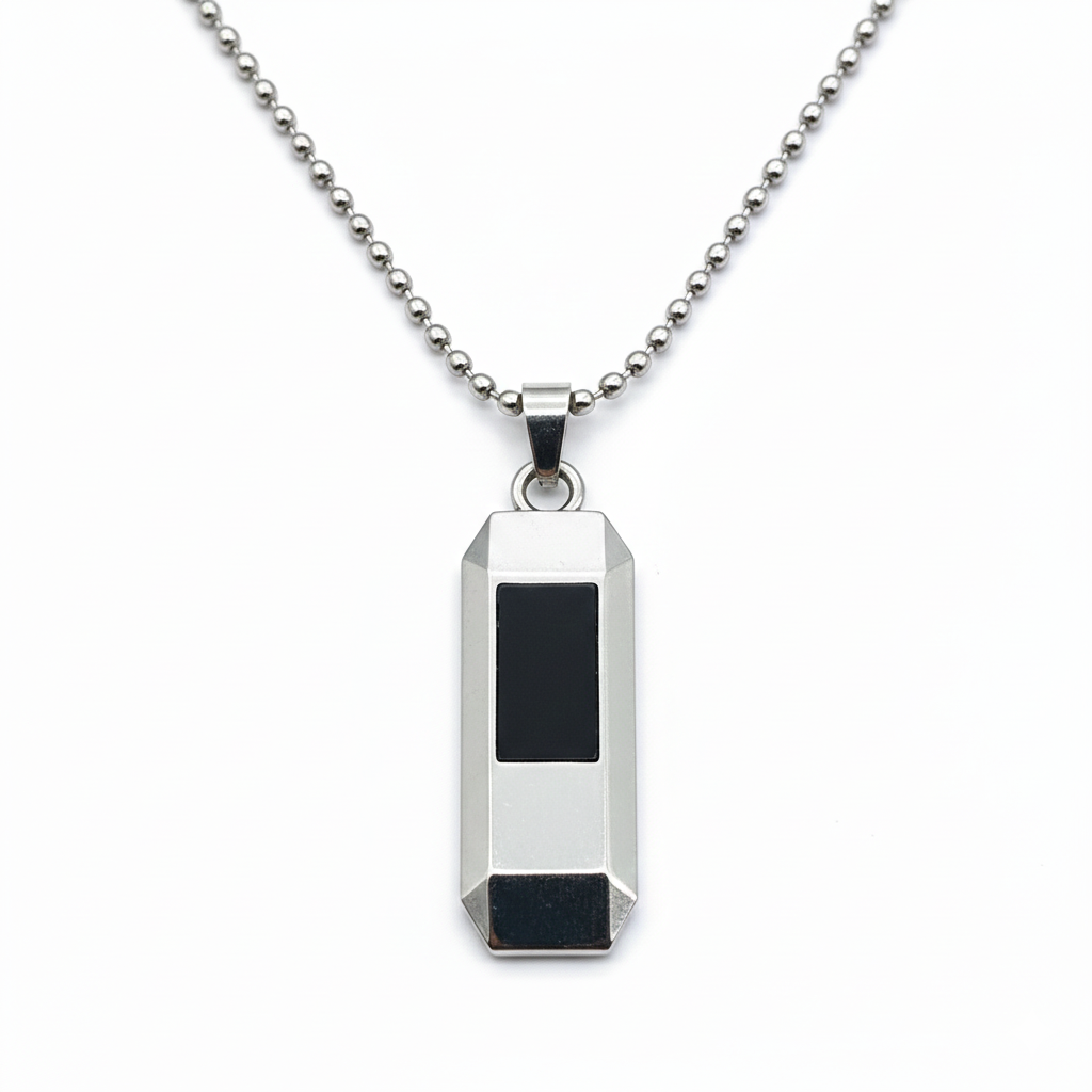 Tyler- Men’s Silver Geometric Bar Pendant with Black Inlay and Ball Chain