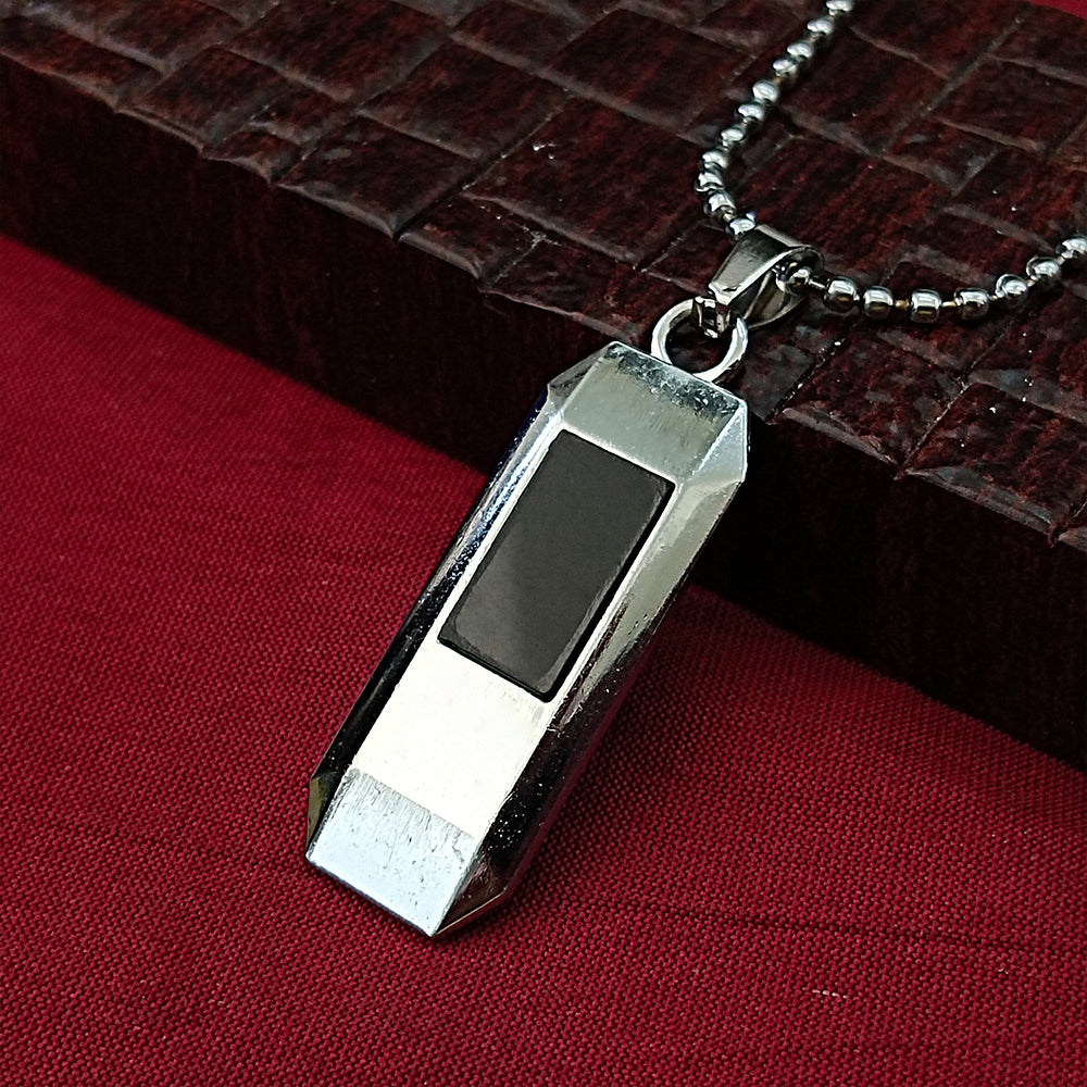 Tyler- Men’s Silver Geometric Bar Pendant with Black Inlay and Ball Chain