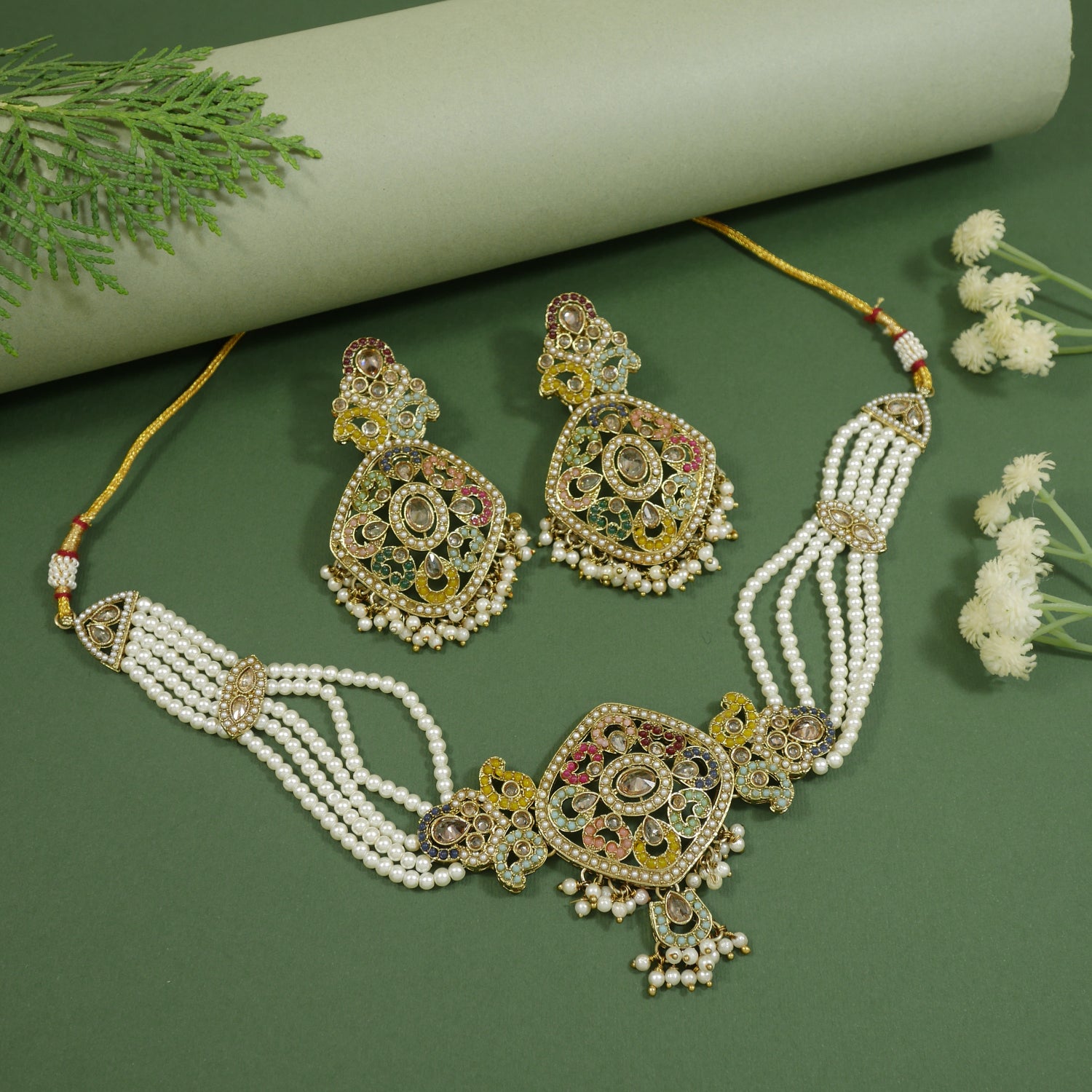 Traditional Kundan pearl choker necklace set with multi-color enamel