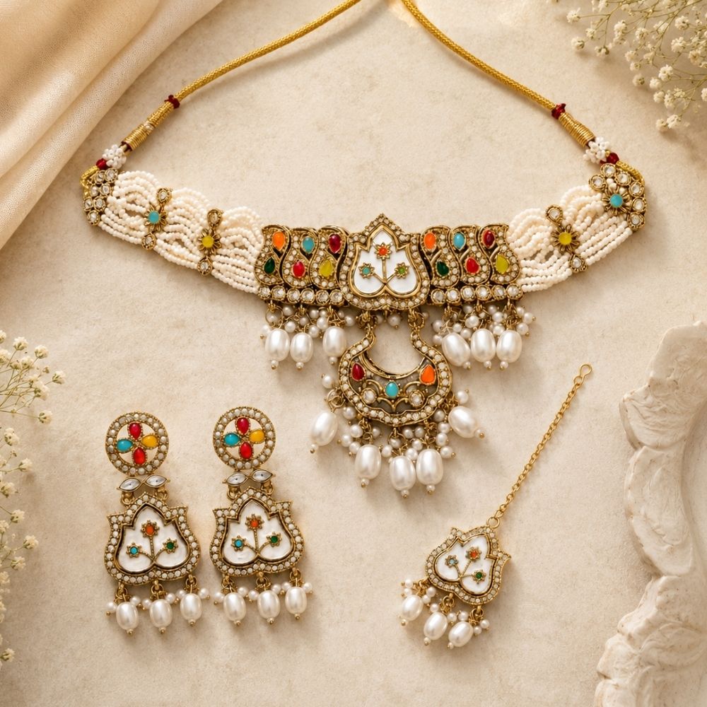 Aarshita- Multi-Color Mother of Pearls Choker Necklace Set with Pearls