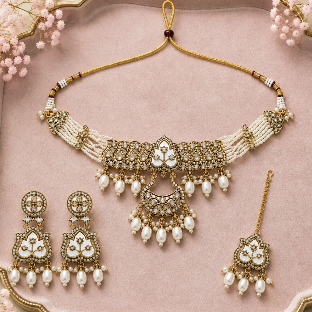 Aarshita- White Mother of Pearls Choker Necklace Set with Pearls