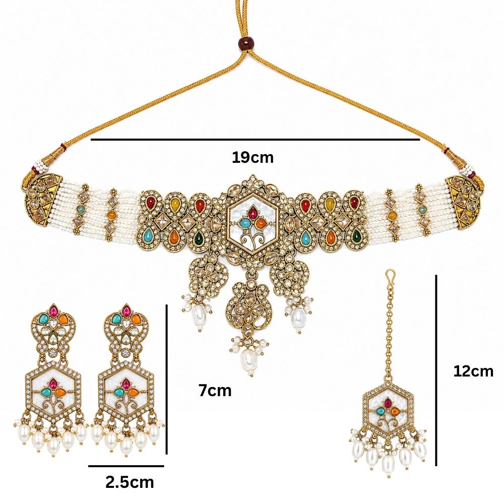 Shritika- Multi-Color Mother of Pearls Choker Necklace Set with Pearls