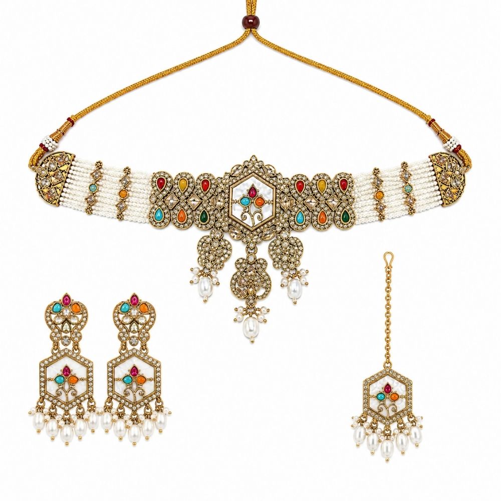 Shritika- Multi-Color Mother of Pearls Choker Necklace Set with Pearls